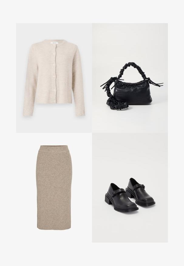 Bež kardigan od mekog pletenog materijala, s okruglim dekolteom, dugim rukavima i šest dugmadi sprijeda. Klasičan, jednostavan dizajn.; Kratki top od pamučne pređe u off-white boji. Dugi rukavi s rebrastom teksturom i malim izrezima oko dekoltea.; Pleteni olovni suknja u svijetlosmeđoj boji, s rebrastom teksturom, visokim strukom i uskim krojem. Rub suknje pada ispod koljena.; Crne kožne cipele s okruglim vrhom, ravnim đonom i remenom s detaljem kopče. Debeli blok peti za dodatnu stabilnost.; Crna torba od umjetne kože s teksturom krokodila, s cinčanim vrhom i naboranom trakom. Izgleda mekano i kompaktno u dizajnu.
