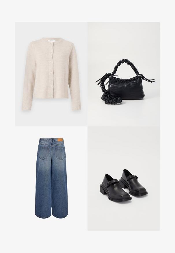 Beige cardigan made of soft knit material, featuring a round neckline, long sleeves, and six front buttons. Classic, simple design.; Crop top in off-white knit material. Long sleeves with ribbed texture and small cut-out details around the neckline.; Wide-leg denim culottes in medium blue wash with a faded texture, featuring two back pockets and a brown leather brand tag on the waistband.; Black leather shoes with a rounded toe, flat sole, and a strap with a buckle detail. Chunky block heel for added stability.; Black faux leather handbag with a crocodile texture, cinched top, and a scrunched strap. Appears soft and compact in design.