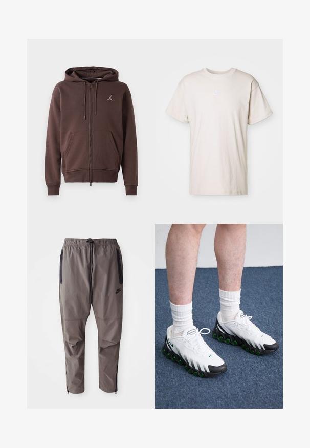 Corta-vento castanho com fecho éclair, bolsos frontais, capuz com cordão e pequeno logótipo branco da Jordan no peito.; T-shirt bege claro feito de algodão, com gola redonda, mangas curtas e um pequeno logotipo branco da Nike centralizado no peito.; Calças Nike cinzas com cintura elástica, cordão, bolsos laterais com zíper e zíperes nos tornozelos para ajuste ajustável.; Tênis atléticos brancos com detalhes pretos e amortecimento verde. Possui um cabedal texturizado, fecho com atacadores e logotipo da marca visível.