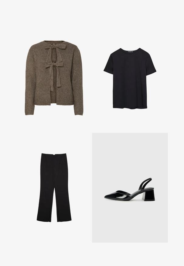 Hnedý rebrovaný cardigán s viazaním na krku, s dlhými rukávmi a jemnou textúrou.; Jednoduché čierne bavlnené tričko s krátkym rukávom a okrúhlym výstrihom, umiestnené na bielom pozadí.; Čierne nohavice so strihom rovného strihu, s prednými vreckami a bočnými rozparkami na leme. Vyrobené z mäkkej, hladkej tkaniny. Vhodné na rôzne príležitosti.; Čierne lakované kožené sandálové podpätky s špicatou špičkou a geometrickým blokovým podpätkom. Disponujú elegantným, minimalistickým dizajnom a hladkým povrchom.