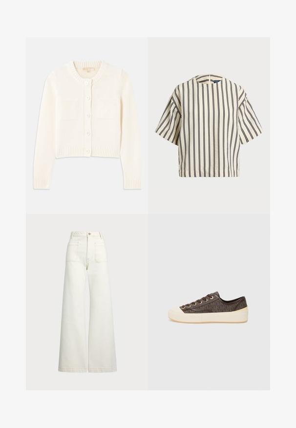 Cream-colored knitted cardigan with a round neck, five buttons, ribbed cuffs, and two front pockets. Smooth texture, cropped design.; Short-sleeve, striped top in cream and navy, featuring a round neckline and boxy design with a textured fabric.; Wide-leg jeans in off-white denim. High-waisted design with a button closure, two front pockets, and contrast stitching details.; Brown patterned canvas sneakers with gold eyelets, lace closure, and a white rubber toe cap and sole. Featuring a textured finish.