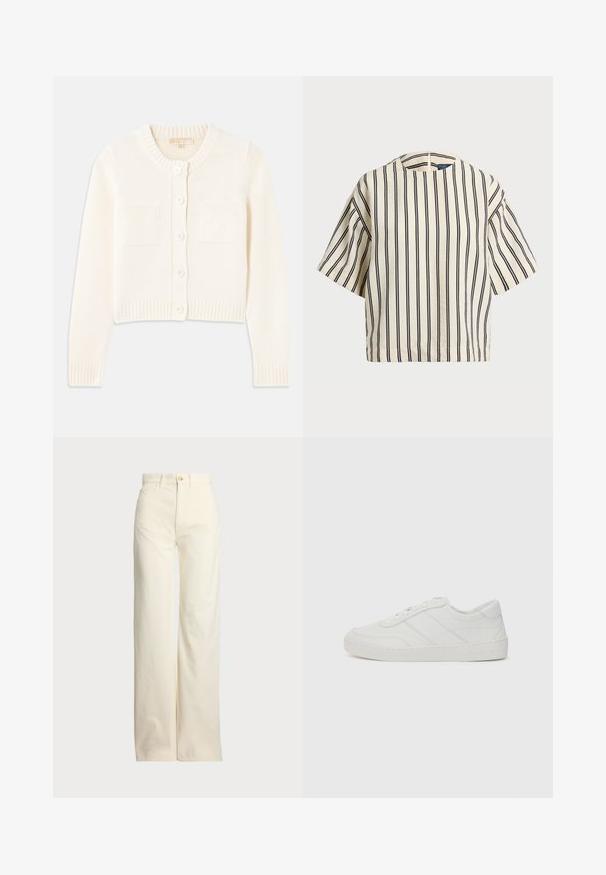 Krém színű, kötött kardigán kerek nyakkal, öt gombbal, bordázott mandzsettával és két elülső zsebbel. Simább tapintás, cropped fazon.; Rövid ujjú, csíkos felső krém és tengerészkék színben, kerek nyakkivágással és dobozos fazonnal, texturált anyagból.; Polo Ralph Lauren COTTON CORDUROY WIDE-LEG PANT - Nadrágok - warm white; Fehér bőr sportcipő lapos fűzőkkel, kerek orral és finom varrási részletekkel. Bordázott talppal és dombornyomott márkainszigniával a sarokon.