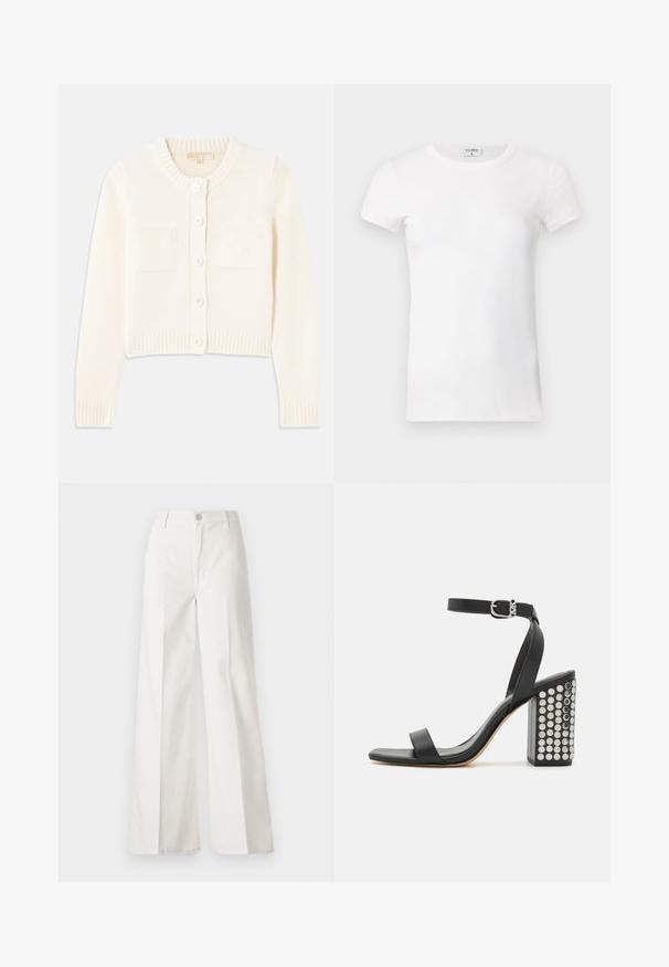Kremasti pleteni kardigan s okruglim izrezom, pet dugmadi, rebrastim manžetama i dva prednja džepa. Glatka tekstura, skraćeni dizajn.; Bijela rebrasta kratkotrajna majica s okruglim izrezom. Tkanina izgleda glatko s prilagođenim siluetom. Vidljiva oznaka branda na ovratniku.; Bijele široke hlače izrađene od pamuka s glatkom teksturom. Imaju prednji gumb, patentni zatvarač i dizajn s četiri džepa.; Crne sandale na petu od kože s remenom oko gležnja. Imaju kvadratni vrh, glatku teksturu i kvadratnu blok petu ukrašenu srebrnim zakovicama.