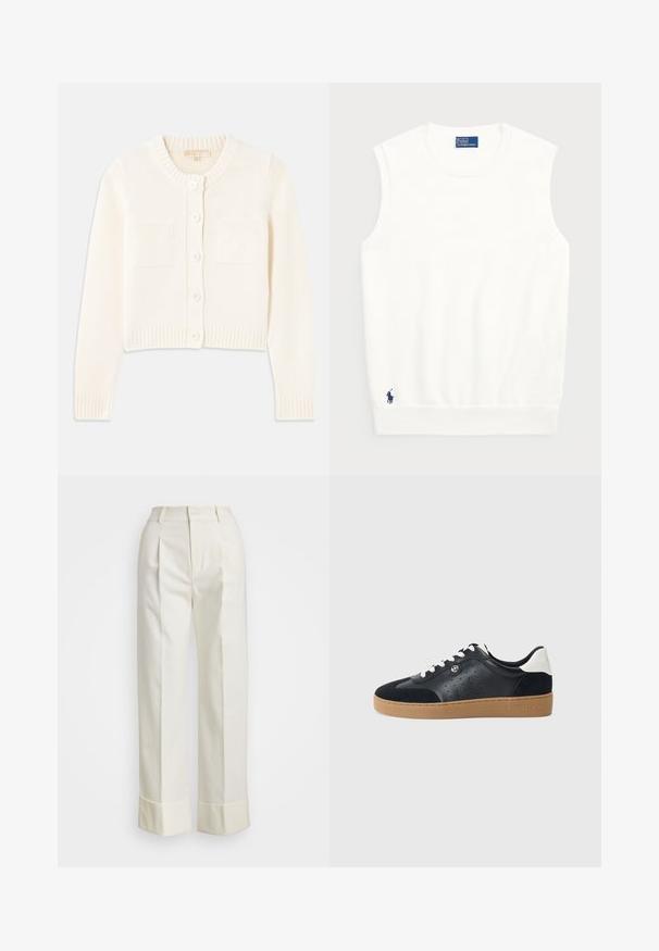 Krémová pletená kardigán s okrúhlym výstrihom, piatimi gombíkmi, rebrovanými manžetami a dvoma prednými vreckami. Hladká textúra, skrátený strih.; Biely bezrukávový sveter vyrobený z hladkej bavlny, s rebrovaným lemom a malým námorníckym logom v dolnom ľavom rohu. Jednoduchý dizajn, bez vzorov.; Biele sako nohavice s vysokým pásom, dvojitými prednými záhybmi a širokými nohavicami s prehnutými manžetami. Vyrobené z hladkej, textúrovanej látky.; Čierne kožené a semišové tenisky so svetlohnedou gumovou podrážkou. Obsahujú biele šnúrky a malé perforácie na stranách. Prítomné logo Michael Kors.