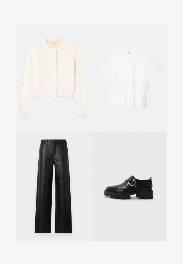 Kremna pletena jopica z okroglim ovratnikom, petimi gumbi, rebrastimi manšetami in dvema sprednjima žepoma. Gladka tekstura, krajša zasnova.; Bela bombažna majica s kratkimi rokavi, okroglim izrezom, sproščenim krojem in šivanim robom. Oznaka vidna na notranji strani izreza.; Široke črne usnjene hlače gladke teksture, s sprednjimi žepi, gumbom za zapiranje in subtilnimi detajli šivanja.; Črne usnjene čevlje z debelim, rebrastim podplatom, ki imajo okroglo srebrno kovinsko dodatno opremo in minimalne šive.
