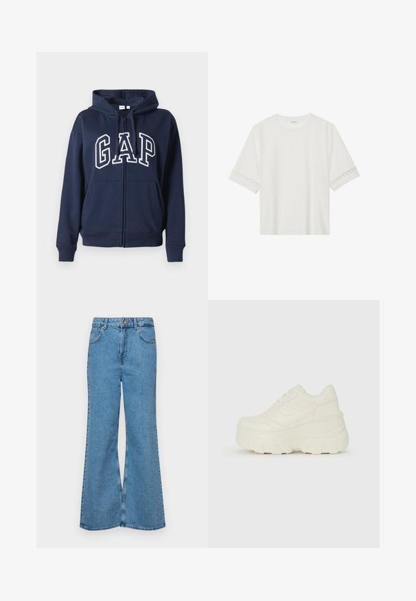 Námornícky modrý zip-up mikina, vyrobená z jemného materiálu. Má predné klokaní vrecko a biele písmená "GAP" na hrudi.; Biele tričko s krátkym rukávom vyrobené z bavlny, s dekoratívnym čipkovým lemovaním pozdĺž rukávov a okrúhlym výstrihom.; Svetlomodré rozšírené džínsy vyrobené z denimu, s vysokým pásom, piatimi vreckami a jednopoložkovým zapínaním na gombík. Mäkká textúra s vyblednutým povrchom.; Biele platformové tenisky s hladkým koženkovým svrchným materiálom, zaobleným tvarom, polstrovaným golierom a textúrovanou gumovou podrážkou s výrazným vzorom.