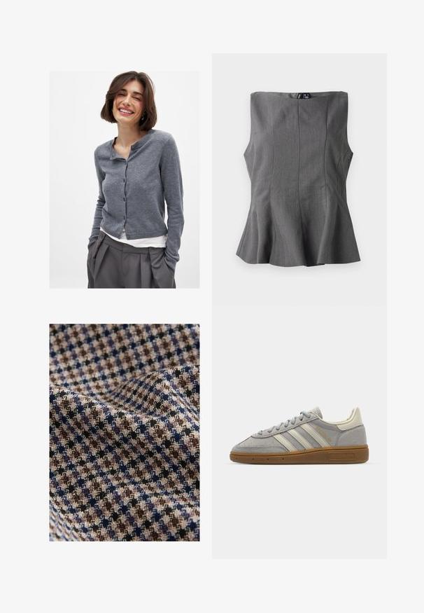 Pilkas megztinis su apvalia kaklo iškirpte, priekiniais mygtukais ir smulkiai išrašytu apvadu. Medžiaga atrodo minkšta ir lengva, dėvima ant baltos marškinių.; Pilkas peplumo topas su struktūruotu, be rankovių dizainu. Pagamintas iš lygaus audinio, turi vertikalias siūles ir tiesų iškirpimą.; Audinys languoto rašto, kuriame dominuoja smėlio, rudos, tamsiai mėlynos ir juodos spalvos, su tekstūruotu paviršiumi. Minkšta ir laisvai krentanti išvaizda.; Pilki zomšiniai sportbačiai su šviesiai pilkomis odinėmis juostelėmis ir guminiu padu. Ypatybės: raištelių uždarymas ir subtilus prekės ženklo logotipas ant liežuvėlio.