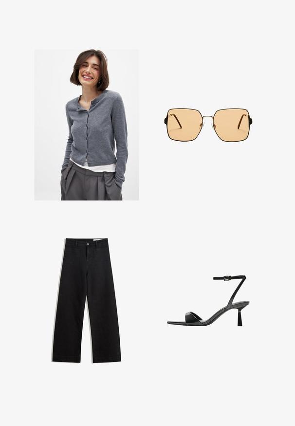 Szary, dzianinowy kardigan z okrągłym dekoltem, z guzikami z przodu i ściągaczem u dołu. Materiał wydaje się miękki i lekki, noszony na białej koszuli.; Biała koszulka z długim rękawem wykonana z prążkowanej tkaniny, z okrągłym dekoltem i prostym wykończeniem. Prosty, jednolity wzór.; Czarne dżinsowe spodnie o szerokich nogawkach i wysokim stanie, z przednimi i tylnymi kieszeniami, przeszyciami oraz zapięciem na guziki. Gładka struktura.; Bershka - Sandały na obcasie; Kwadratowe okulary przeciwsłoneczne z brązowymi soczewkami i cienką, czarną metalową oprawą. Posiadają skośne zauszniki i regulowane noski dla większego komfortu.; Czarna skórzana torba hobo o gładkiej fakturze, zaokrąglonym kształcie i pojedynczym, regulowanym pasku; posiada szerokie otwarcie na górze.