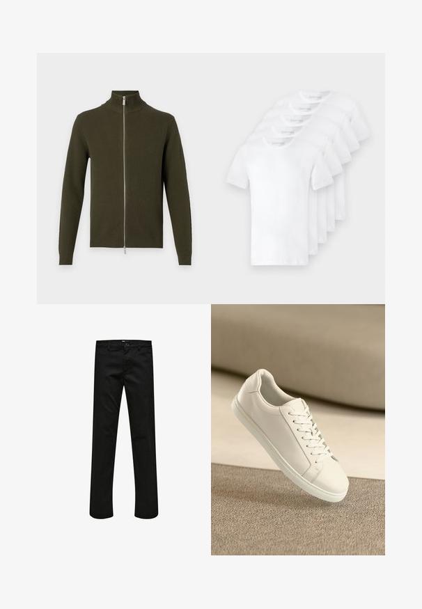 Sweater verde oliva com fecho éclair, colarinho alto, textura canelada e mangas longas. Apresenta um zíper prateado e punhos e bainha ajustados.; Cinco t-shirts brancos de algodão com mangas curtas e decotes redondos, empilhados de forma organizada. O rótulo diz "Selected" na gola.; Calças de algodão pretas com corte reto, bolsos frontais e fecho de botão. Textura suave e sem padrões visíveis.; Sapatilha de couro branca com atacadores brancos, exibida sobre uma superfície texturizada bege e um fundo suavemente desfocado.