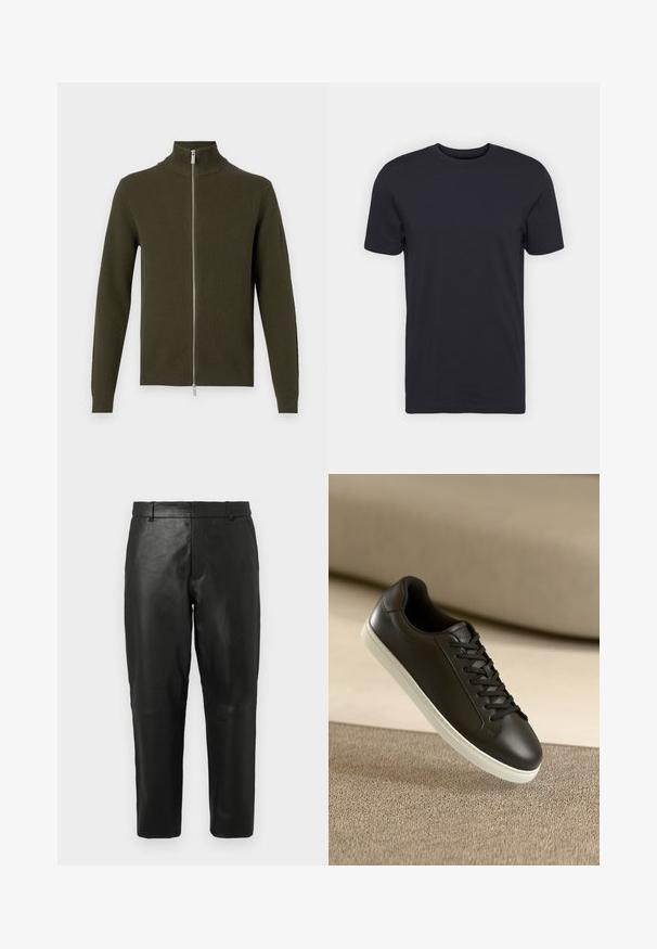 Olīvu zaļš zipsvārku džemperis ar augstu apkakli, ribotām tekstūrām un garām piedurknēm. Tam ir sudraba rāvējslēdzis un pielāgoti aproces un apakšmalas.; Melnas kokvilnas T-krekls, īsas piedurknes, apaļa izgriezuma kakla, viendabīga krāsa, viegla auduma, gluda tekstūra, bez redzamām rakstām vai grafikas.; Melni ādas taisna piegriezuma bikses ar jostas cilpām un sānu kabatām, attēlotas uz vienkārša gaismas fona.; Melnas ādas sporta kurpes ar baltu gumijas zoli un melnām auklām, novietotas uz bēša auduma virsmas un fona.