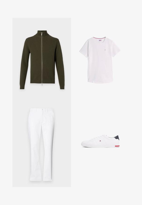 Sudadera verde oliva con cremallera y cuello alto, texturizada con relieve y de mangas largas. Presenta una cremallera plateada y puños y dobladillo ajustados.; Camiseta blanca de manga corta con cuello redondo y pequeño logo de Tommy Hilfiger en el pecho, con ribete rojo, blanco y azul en el interior del cuello.; Pantalones de algodón blancos con un diseño de pierna recta, bolsillos frontales, un cierre de botón único y una textura suave.; Zapatillas bajas blancas de piel suave. Presentan una capucha en el talón de color marino y un acento rojo en la suela. Seis ojales para los cordones.