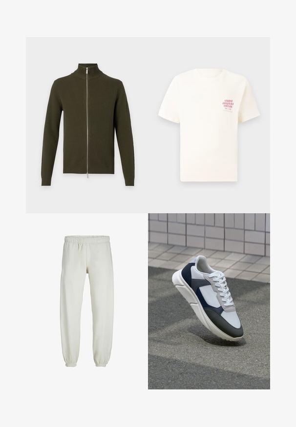 Olive roheline lukuga kapuutsiga särg, millel on kõrge kaelus, ribake tekstuur ja pikad varrukad. Omab hõbedast lukku ning istuvaid mansette ja äärt.; Valge lühikeste varrukatega T-särk, millel on vasakul rinnal punane tekst "Studio Originals Edition", esitatud neutraalsel hallil taustal.; Valged trennipüksid, mis on valmistatud pehmest kangast, elastse vöökoha ja mansettidega, sileda tekstuuri ja lõdva lõikega.; Valge, mereväe sinine ja hall spordijalats, millel on segatud materjalide disain, tekstureeritud ülemine osa, lame pael ja pehme talla.