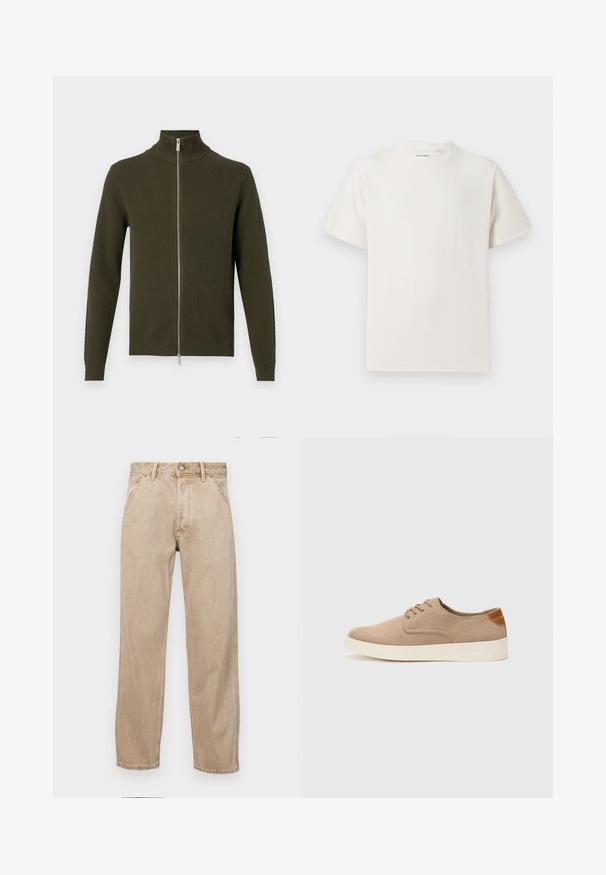 Maslinasto zelena zip-up majica s visokim ovratnikom, rebrastom teksturom i dugim rukavima. Ima srebrni patentni zatvarač i uske manžete i donji rub.; Bijela kratka majica s kratkim rukavima u rebrastoj teksturi. Okrugli izrez, ležeran kroj, bez vidljivih uzoraka ili akcenta. Jednostavan i svestran dizajn.; Bež teksas traperice ravnog kroja, s prednjim džepovima, metalnim zakopčavanjem i suptilnom teksturom.; Bež nubuk tenisice s okruglim vrhom, vezanjem sprijeda i teksturiranim stražnjim naglaskom. Bijela gumena potpetica pruža kontrast. Jednostavan i moderan dizajn.