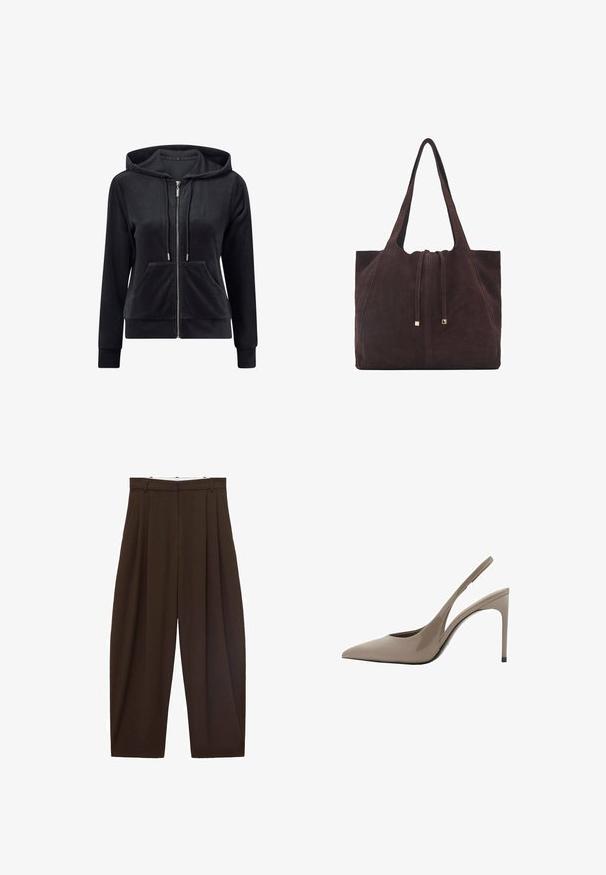 Haut à capuche zippé noir en tissu doux, comportant une capuche, des poches avant et des poignets côtelés, avec une texture lisse et peu d'accents.; T-shirt marron à manches courtes en tissu doux, avec un col rond et une coupe décontractée. Texture lisse sans motifs ni accents.; Pantalons taille haute marron avec des plis, fabriqués en tissu lisse. Coupe ample, design droit, avec passants de ceinture et fermeture éclair.; Talons hauts en cuir verni beige avec une toe pointue et un design épuré, présentant un fin talon haut et un détail découpé sur le côté.; Mango Cabas - dark brown