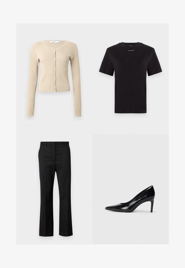 Beige ribbed cardigan with long sleeves and V-neck. Features six button closures down the front and a fitted silhouette. Soft texture.; Black cotton t-shirt with short sleeves, crew neck, and small white "Calvin Klein" logo at the chest. Smooth texture, classic fit.; Black tailored trousers with a straight leg design. Made of a smooth fabric, featuring a flat front and standard waistband with belt loops.; Black leather high heel shoe with a pointed toe, smooth texture, and a tapered heel. Minimalist design, no additional embellishments.