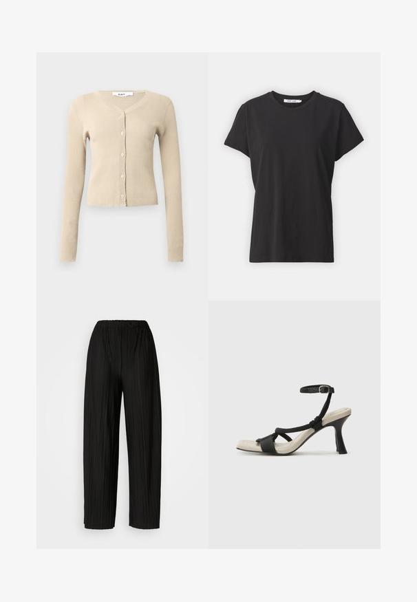Beige bordás kardigán hosszú ujjakkal és V-nyakkivágással. Hat gombbal záródik elöl, és testhezálló szabású. Puha tapintású.; Fekete pamut póló klasszikus kerek nyakkal, rövid ujjakkal és laza fazonnal. Simább textúra, látható minták vagy díszítések nélkül.; Fekete, pliszírozott, bőszárú nadrág rugalmas derékkal. Az anyag függőleges pliszékkel és sima textúrával rendelkezik.; Fekete sarkú szandál fonott pánttal, négyzet alakú orral és állítható bokapánttal. Világos bézs talpbetét fényes fekete sarkával.
