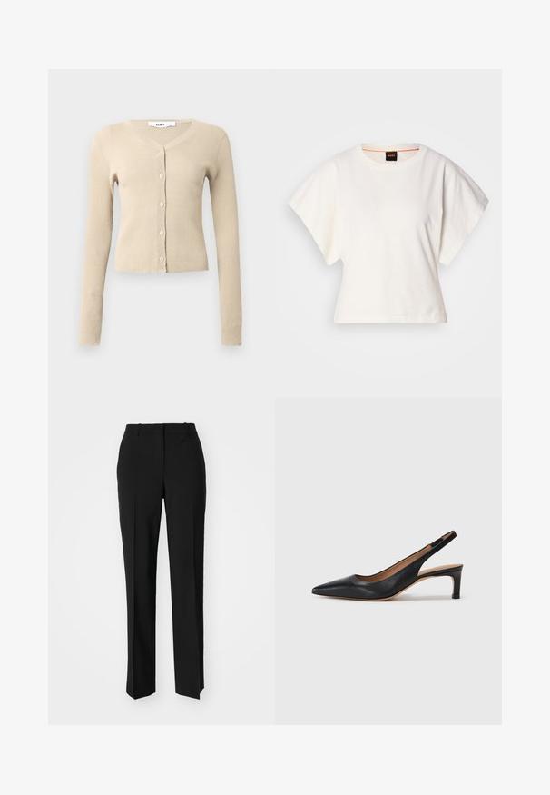 Beige Rippstrick-Cardigan mit langen Ärmeln und V-Ausschnitt. Verfügt über sechs Knöpfe entlang der Vorderseite und eine figurbetonte Silhouette. Weiche Textur.; Weißes, kurzes T-Shirt, kurze weite Ärmel, weicher Baumwollstoff, runder Ausschnitt mit subtilen orangefarbenen Akzenten, minimales Design, keine Muster oder Grafiken.; Schwarze, taillierte Hose mit geradem Bein, aus einem glatten Stoff und mit klaren Falten an der Vorderseite. Keine sichtbare Hardware.; Schwarze Leder-Slingback-Pumps mit spitzer Zehenform, niedrigem Absatz und glatter Textur. Verfügt über einen dünnen, verstellbaren Riemen für einen sicheren Sitz.