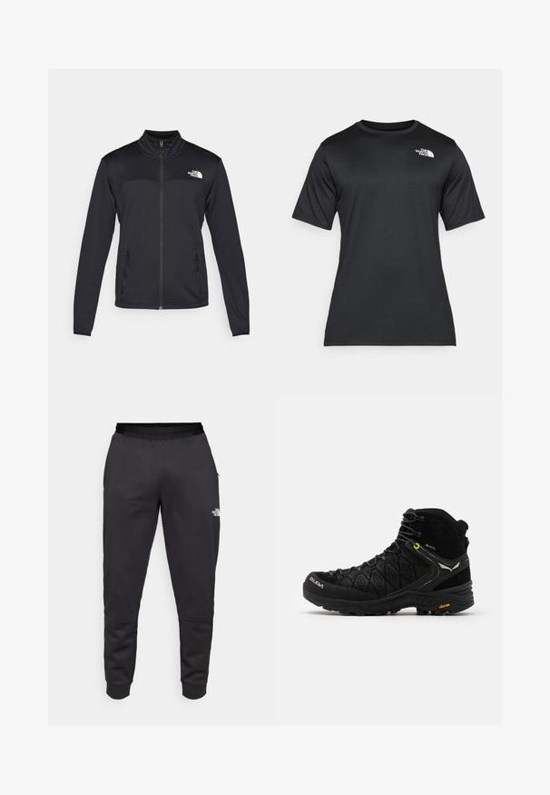 Schwarze Zip-Jacke aus strukturiertem Stoff; verfügt über einen hohen Kragen, zwei vordere Reißverschlusstaschen und ein kleines Logo auf der linken Schulter.; Schwarzes Kurzarm-T-Shirt aus leichtem, feuchtigkeitsableitendem Material. Mit einem weißen Logo auf der linken Brust und einem Rundhalsauschnitt.; Schwarze Jogginghose aus glattem Stoff, mit schmal zulaufendem Design, elastischem Bund und Logo-Detail am rechten Bein.; Schwarzer Wanderschuh mit strukturiertem Obermaterial, verstärkter Zehenkappe und Vibram-Sohle. Das Schnürsystem enthält Haken für einen sicheren Sitz.