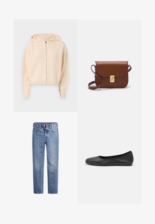 Krátká krémová mikina na zip s volným střihem, žebrovanými manžetami a lemem, se stahovací kapucí a texturovanou pleteninou.; Bílá tričko s krátkým rukávem vyrobené z žebrované tkaniny. Kulatý výstřih, normální střih a jemné detaily šití. Bez vzorů nebo grafik.; Světle modré džíny s rovný střih, designem s pěti kapsami a knoflíkovým zapínáním. Mají jemné vyblednutí a oranžové prošití.; Černé kožené baletní byty s kulatou špičkou, hladkou texturou, minimálními švy a flexibilním designem podrážky.; Hnědá kožená kabelka s klopou, zlatými kovovými detaily, ramenním popruhem a hladkým povrchem. Kompaktní obdélníkový tvar.