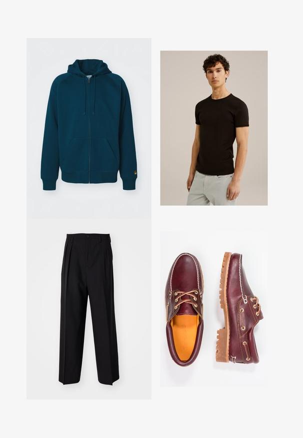 Tirkizna zip-up dukserica s kapuljačom na vezanje, rebrastim manžetama i rubom. Ima dva prednja džepa i logotip na rukavu.; Crna majica s kratkim rukavima s okruglim izrezom, izrađena od glatkog, rastezljivog materijala. Kroja je uskog fit-a, dizajnirana da se prilagođava tijelu.; Crne plisirane hlače s ravnim širokim nogavicama. Izrađene od glatkog materijala, s dugmadi za zatvaranje i petljama za remen.; Burgundske kožne cipele s smešnim gumenim potplatima, okruglim vrhom, bijelim šavovima i zlatnim rupama za vezivanje. Unutrašnjost ima žutu podstavu.