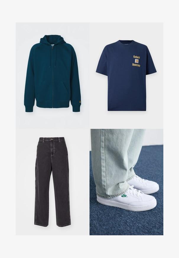 Sudadera con cremallera en color azul verdoso, con capucha ajustable mediante cordón, puños y dobladillo acanalados. Cuenta con dos bolsillos frontales y un acento de logo en la manga.; Camiseta de algodón azul marino de manga corta, con texto dorado "Carhartt University" y un parche de logo en el lado izquierdo del pecho.; Pantalones de mezclilla negros con un ajuste relajado, que presentan costuras blancas en contraste y un cierre de botón. Diseño de pierna recta, sin bolsillos adicionales.; Zapatillas de cuero blanco con logo de Nike verde, puntera redonda, suela plana, combinadas con pantalones de mezclilla azul claro, sobre una alfombra azul.