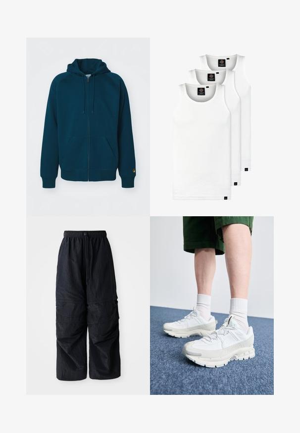 Felpa con zip di colore turchese, dotata di cappuccio con coulisse, polsini e orlo a costine. Presenta due tasche frontali e un accentuazione del logo sulla manica.; Tre canotte bianche a coste in cotone. Presentano un colletto rotondo e piccole etichette nere vicino all'orlo. Disponibile in diverse taglie.; Pantaloni cargo leggeri neri in nylon con vita elastica, coulisse regolabile e molteplici tasche sovrapposte sulle gambe.; Scarpe da ginnastica bianche con sovrapposizioni testurizzate, suola spessa e accenti grigi. Indossate con calze corte bianche e pantaloni corti verdi su una superficie blu.