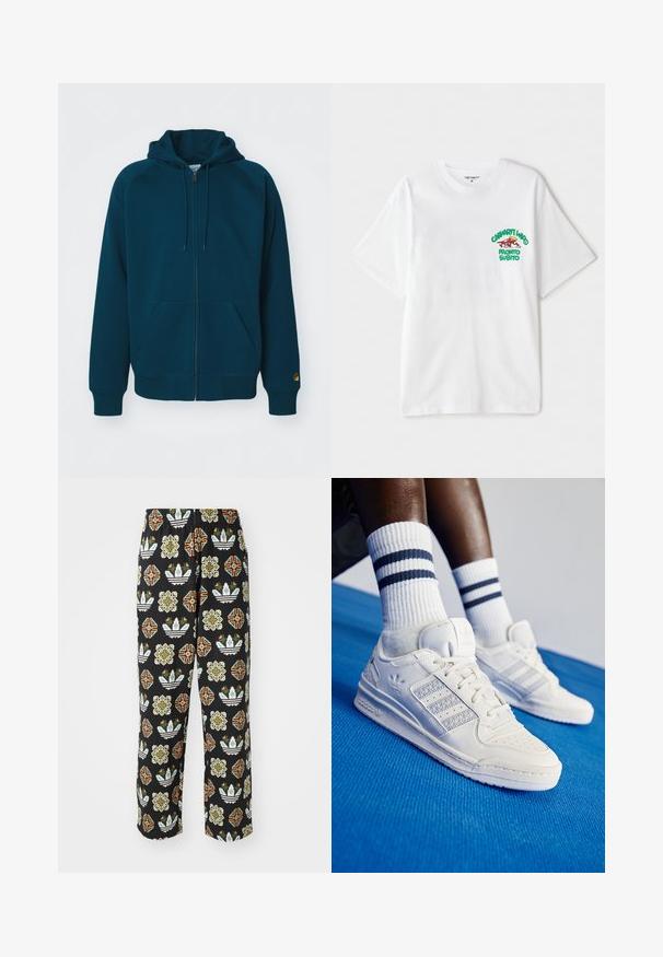 Türkisfarbener Zip-Hoodie mit einer regulierbaren Kapuze, gerippten Bündchen und Saum. Verfügt über zwei Fronttaschen und ein Logo-Detail am Ärmel.; Weißes Baumwoll-T-Shirt mit einem grünen und roten grafischen Text auf der linken Brust, der "cashart Who Pronto Subito" liest. Kurze Ärmel.; Schwarze Hose mit einem ausgeklügelten Muster aus verschiedenen Formen, einschließlich floraler Designs und Streifen in Orange, Grün und Weiß.; Weiße Leder-Sneaker mit perforierten Akzenten, drei metallischen Streifen und einem strukturierten Seitenpaneel. Getragen mit weißen Socken mit blauen Streifen.