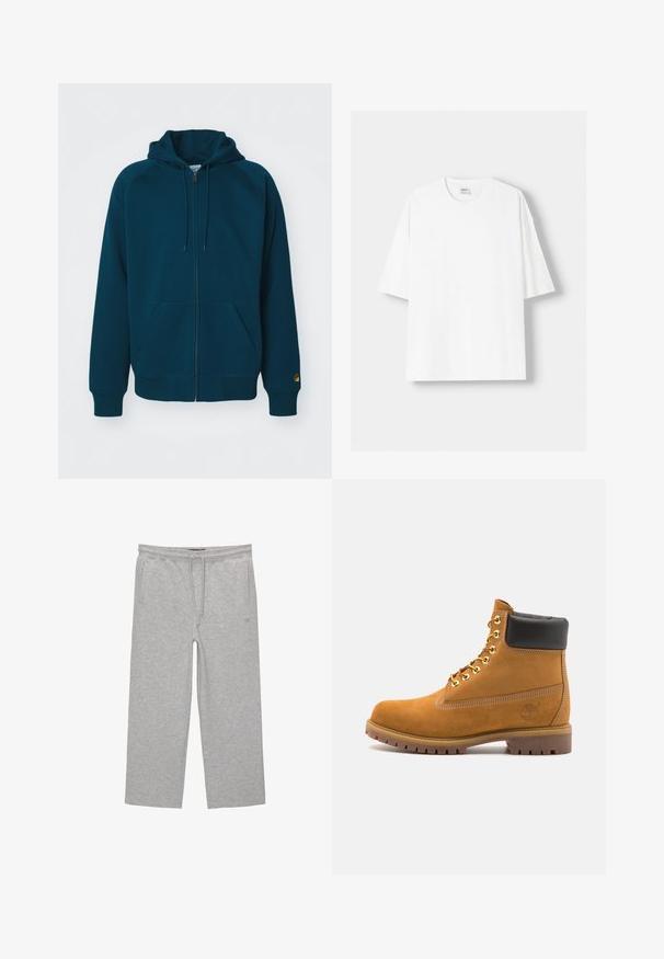 Zelena zip-up kapuca s kapuco s vrvico, rebrastimi manšetami in robom. Ima dve sprednji žepu in logotip na rokavu.; Bela kratka majica s kratkimi rokavi iz bombaža, s krožnim izrezom in sproščenim krojem. Gladka tekstura, brez vidnih vzorcev ali poudarkov.; Sive bombažne hlače za prosti čas z elastičnim pasom, vrvico in dvema stranskima žepoma; ravna zasnova nogavic, mehak material, brez vzorcev.; Svetlo rjave anklne čizme iz semiša z črnim oblazinjenim ovratnikom, zlatimi kovinskimi očesci, belimi šivi in robustnim gumijastim podplatom s izrazitimi tredi.