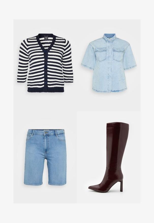 Tengerészkék és fehér csíkos kötött kardigán háromnegyedes ujjal, V-nyakkivágással és kék gombokkal az elülső részen. Puha anyagból készült, ribbelt szegéllyel.; Világoskék farmering rövid ujjakkal, két elülső zsebbel, amelyet apró ezüst szegecsek díszítenek.; Világoskék farmer rövidnadrág klasszikus szabással, elöl gombos záródással, övhurkokkal és két oldalsó zsebbel. Simaszerkezet és egyenes szegély.; Even&Odd Csizmák - dark red