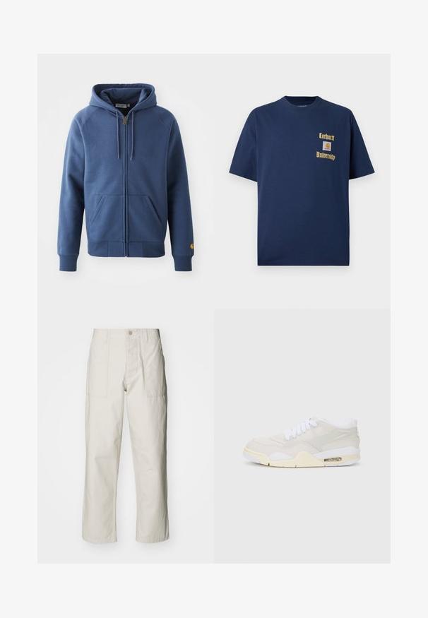 Blue zip-up hoodie made of cotton blend fabric, featuring a drawstring hood, front pockets, and ribbed cuffs and hem.; Navy blue cotton t-shirt with short sleeves, featuring gold text "Carhartt University" and a logo patch on the left chest.; Light beige wide-leg pants made of cotton. Features front pockets and a button closure. Smooth texture with subtle vertical lines.; Sneakers with a light beige synthetic upper, white laces, and visible cushioning. Features a smooth sole and subtle side accents.