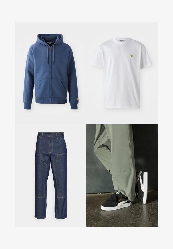 Kék cipzáras kapucnis pulóver, pamutkeverék anyagból készült, húzózsinóros kapucnival, elülső zsebekkel, valamint bordázott mandzsettákkal és aljjal.; Fehér pamut póló rövid ujjakkal, kerek nyakkal, bal mellel egy kis arany logóval. Puha tapintású és normál fazonú.; Sötétkék farmernadrág, magas derekú, egyenes szárú dizájnnal, kontrasztos varrással és elülső zsebekkel.; Fekete velúr sportcipők fehér gumitalppal és oldalsávokkal, világos zöld cargo nadrággal párosítva, egy textúrált sötét felületen állva.