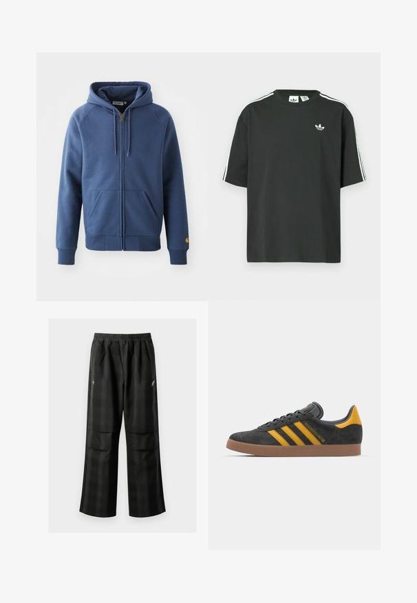 Mėlynas zip-up džemperis, pagamintas iš medvilnės mišinio, su reguliuojamu gobtuvu, priekinėmis kišenėmis ir guma apdirbtais rankogaliais bei kraštu.; Juoda medvilninė trumpų rankovių marškinėliai su apvalia apykakle ir trimis baltomis juostelėmis ant pečių. Priekyje yra mažas baltas logotipas.; Juodos languotos kelnės su elastingu juosmeniu, dviem priekinėmis kišenėmis ir laisvu tiesiu kirpimu. Pagamintos iš lengvos medžiagos.; Juodas zomšinės sportbačiai su geltonais akcentais, turintys tris juosteles ir rudą gumos padą. Apima paminkštintą liežuvėlį patogumui.