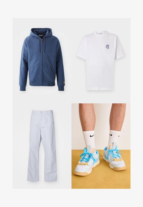 Modrá mikina s kapucí na zip vyrobená z bavlněné směsi, která má šňůrkovou kapuci, přední kapsy a pružné manžety a lem.; Bílé bavlněné tričko s krátkými rukávy, kulatým výstřihem a malým vyšitým modrým logem "C" na levé části hrudi.; Světle modré kalhoty rovného střihu vyrobené z bavlny. Mají přední kapsu, zip a jeden kovový knoflík na pase.; Světle modré tenisky s hnědými podešvěmi, které mají výrazné tyrkysové tkaničky a žluté akcenty. Texturované materiály a viditelné vzduchové polstrování.