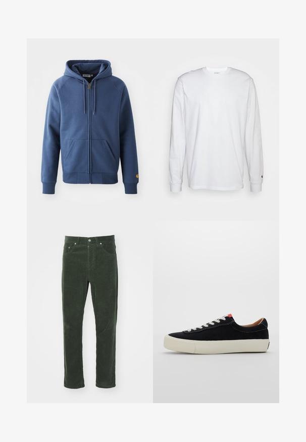 Plavi dukserica s patentnim zatvaračem izrađena od mješavine pamuka, s kapuljačom na uzicu, prednjim džepovima i rebrastim manžetama i rubom.; Bijela dugopruga majica s dugim rukavima od pamuka. Dizajn s okruglim izrezom, rebrastim manžetama i malim logotipom na lijevom rukavu. Glatka tekstura.; Zelene ženske pamučne hlače od kordura s ravnim krojem, imaju pet džepova, metalno dugme za zatvaranje i teksturiranu rebrastu površinu.; Crne platnene tenisice s bijelim vezicama, bež guma sole i crvenim akcentom na peti. Zaobljen vrh i minimalni detalj šivanja.