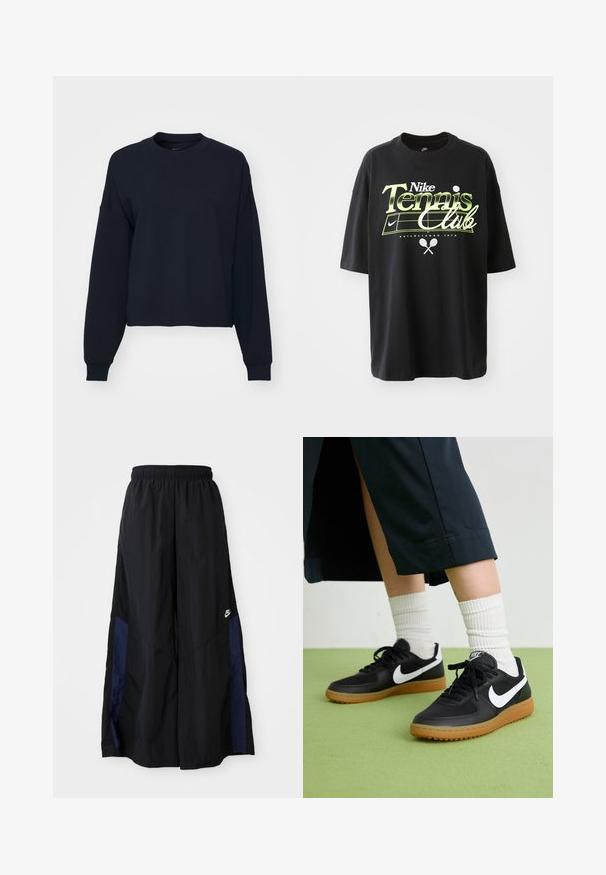 Sweatshirt azul marinho com mangas longas, decote redondo e corte cropped. Feito de tecido macio com punhos e bainha canelados.; T-shirt preta de algodão com mangas curtas, apresentando um gráfico em verde e branco "Nike Tennis Club", ilustrações de bola de ténis e raquete.; Calças largas pretas feitas de tecido leve, com um painel lateral azul-marinho e cintura elástica. Pequeno logótipo branco na parte inferior.; Sapatilhas pretas em couro e sintético com o logo da Nike em branco, sola de borracha tipo goma, bico redondo e atacadores pretos. Meias brancas com frunces visíveis.