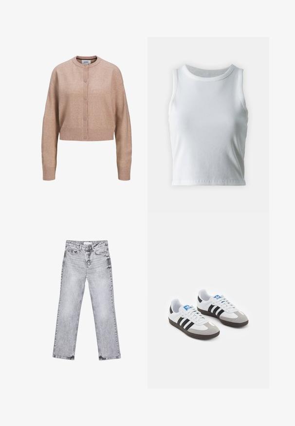 Bežana skrajšana jopica z dolgimi rokavi, okroglim ovratnikom, rebrastimi manšetami in robom ter sprednjim zapiranjem na gumbe.; Bela rebrasta majica brez rokavov z okroglo izrezom, s pravo hem in gladko, elastično strukturo.; Sive traperice z ravnim krojem, z obdelanimi detajli, petimi žepi in bakrenimi zakovicami. Pas ima oznako z logotipom.; Športni čevlji z belim usnjenim zgornjim delom, sivim semišem na prstih in tremi črnimi črtami. Imajo modro logo na jeziku in teksturiran gumijast podplat.