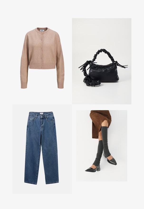 Cardigan cropped bege com mangas longas, gola redonda, punhos e barra canelados, e fecho frontal com botões.; Top crop em material de malha off-white. Mangas longas com textura canelada e pequenos recortes à volta do decote.; Jeans de denim azul clássicos com um design de perna reta, cinco bolsos e fecho de botão. Apresenta um tratamento médio e uma textura resistente.; Sapatos pretos de pele lacada com biqueira pontuda, salto bloco e tiras no tornozelo, combinados com caneleiras cinzas em malha e uma saia de camurça castanha.; Bolsa de mão em couro sintético preto com textura de crocodilo, topo franzido e alça enrugada. Apresenta um design suave e compacto.