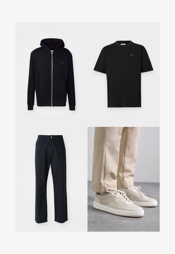 Black zip-up hoodie made of soft fabric. Features a hood, front pockets, and ribbed cuffs. Includes subtle branding on the chest.; Black short-sleeve crewneck t-shirt with small white "NN. 07" logo on the left chest, displayed on a white background.; Navy blue cotton trousers with a straight-leg design, featuring a front button closure and two side pockets. Smooth texture, no visible patterns.; Beige sneakers with a textured upper, white soles, and stitched accents, paired with beige trousers, displayed on a gray surface.