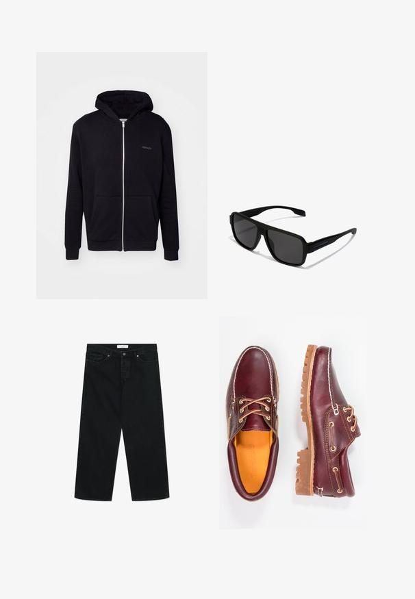 Čierna mikina na zips vyrobená z mäkkej látky. Má kapucňu, predné vrecká a rebrované manžety. Obsahuje jemné logo na hrudi.; Čierne tričko s krátkym rukávom a okrúhlym výstrihom, vyrobené z hladkého a elastického materiálu. Strih je priliehavý, navrhnutý tak, aby sa prispôsobil telu.; Čierne široké džínsy z denimovej tkaniny, s predným zapínaním na gombík, pútkami na opasok a vreckami. Hladká textúra, minimalistický design.; Bordové kožené topánky s hnedými gumovými podrážkami, okrúhlou špičkou, bielym prešívaním a zlatými kovaniami. Interiér má žlté podšívku.; Hawkers PARLAY - Slnečné okuliare - black