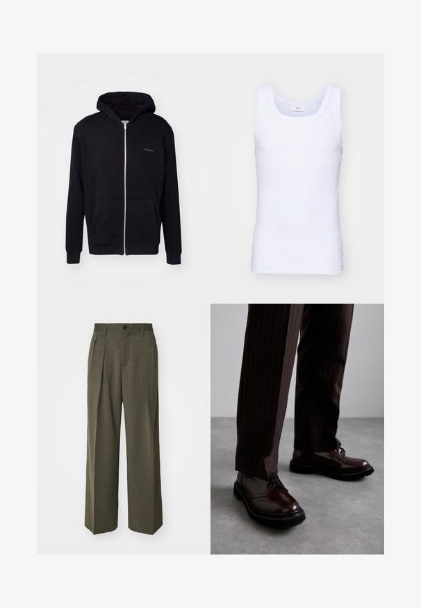 Felpa nera con zip realizzata in tessuto morbido. Presenta un cappuccio, tasche frontali e polsini a coste. Include un logo discreto sul petto.; Canottiera bianca in cotone senza maniche con scollatura rotonda, caratterizzata da una texture liscia e una vestibilità aderente, progettata per l'abbigliamento casual.; Filippa K WIDE TROUSERS - Pantaloni - driftwood; Scarpe stringate in pelle marrone con finitura lucida, suola in gomma nera e cuciture sottili. Indossate con pantaloni marroni a righe.