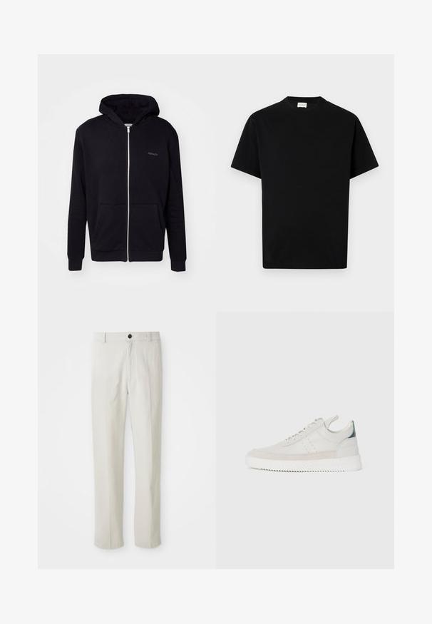 Mustal zip-up jakken pehmest kangast. Omab kapuutsi, esikotte ja soonikuid. Sisaldab diskreetset brändingut rinnal.; Must värvi puuvillane T-särk ümarate kaelustega, lühikeste varrukatega ja sirge lõikega. Ilma nähtavate mustrite või riistade detailideta.; Beezid sirgedega püksid, millel on vöökohakinnitus, esine nupuga ja tõmblukk, näidatud lapikult valgel taustal.; Valged nahkstennised hallide seemisnahast detailidega, paeltega sulgemine, tõmmetab, ning reljeefne kummisoont, millel on siksakmuster.