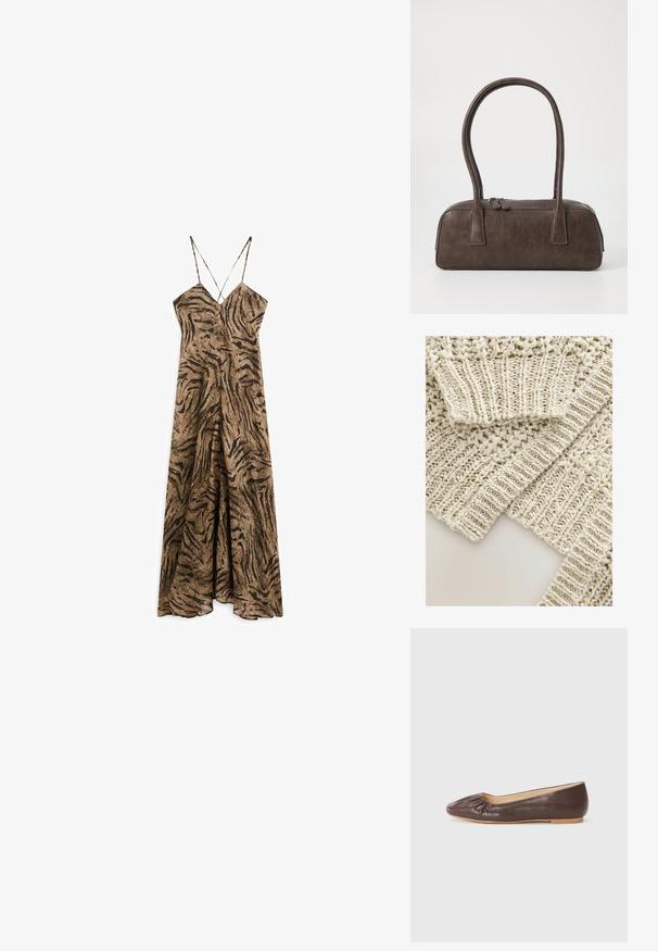 Tissu en tricot beige avec une trame ouverte complexe et des bords côtelés texturés. Présente une apparence douce et légère avec des motifs détaillés.; Robe maxi à rayures tigre marron et noire avec de fines bretelles en spaghetti et un design fluide, présentant un décolleté profond et une coupe décontractée.; Ballerine en cuir marron avec un bout arrondi, des détails froncés à l'avant et une semelle plate de couleur claire.; Sac à main en cuir marron avec deux poignées robustes, de forme rectangulaire, texture lisse et fermeture zippée. Design minimaliste sans motifs visibles.