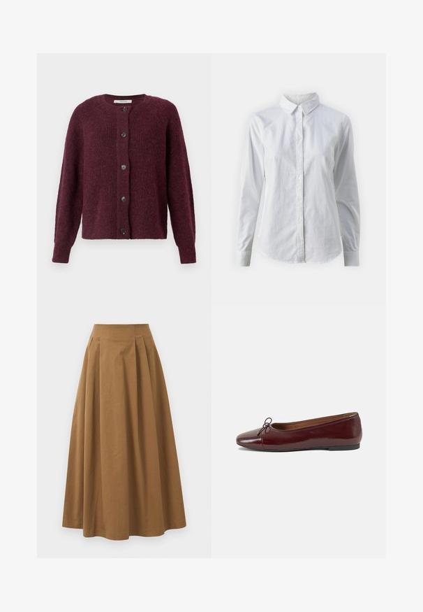 Marmeladinės spalvos megztinis, pagamintas iš tekstūruoto mezginio, su apvaliu kaklu, ilgomis rankovėmis ir penkiomis juodomis saga priekyje.; Balta marškinėliai su mygtukais, pagaminti iš lygios medvilnės, su klasikiniais apykaklės, ilgomis rankovėmis ir lenktu kraštu. Mygtukai maži ir balti.; Ruda medvilninė A formos sijonas su aukštu liemeniu, puikuojantis klostėmis priekyje ir lygia tekstūra. Apdailos kraštai yra švarūs ir paprasti.; Bordo lakiotos odos baleto bateliai su apvalia nosimi, maža kaspinėlio akcentu priekyje ir žema juoda guma padanga. Lygi tekstūra.