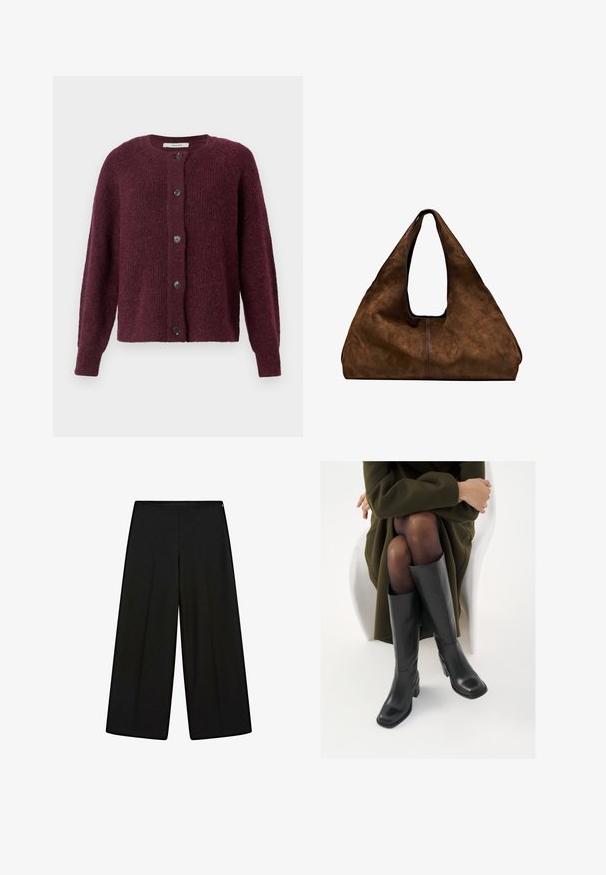 Marmeladenfarbener Cardigan aus strukturiertem Strickstoff, mit Rundhalsausschnitt, langen Ärmeln und fünf schwarzen Knöpfen auf der Vorderseite.; Braunes Wildleder-Pulloverhemd mit klassischem Kragen, langen Ärmeln und einem Frontschlitz-Design. Glatte Textur mit subtiler Schattierung.; Schwarze, weit geschnittene Hosen aus weichem Stoff, mit hohem Bund und Falten, die eine glatte Textur und keine sichtbaren Verzierungen aufweisen.; Knöchelhöhe schwarze Lederstiefel mit quadrater Spitze und Blockabsatz, gezeigt mit einem Modell, das einen olivgrünen Mantel trägt. Glatte Textur, minimale Details.; Braune Wildleder-Schultertasche mit offenem Oberteil. Sie verfügt über einen tiefen, breiten Körper, einen ausgeschnittenen Griff und minimale Nähte für ein sauberes Design.
