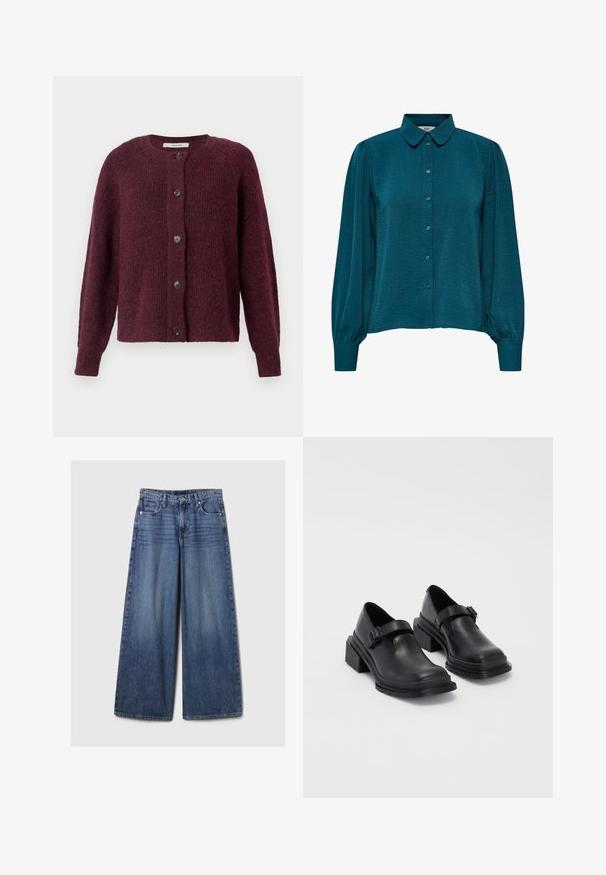 Cardigan na cor de marmelada, feito de tecido de malha texturizado, com decote redondo, mangas longas e cinco botões pretos na parte da frente.; Blusa verde-água com decote de colarinho, frente com botões e mangas longas. Feita de tecido texturizado com punhos franzidos.; Calças de ganga azul de perna larga com um acabamento desbotado, apresentando um fecho de botão e zipper, cinco bolsos e passantes para cinto.; Sapatos de couro pretos com um bico redondo, sola plana e uma fita com detalhe de fivela. Salto bloco robusto para maior estabilidade.