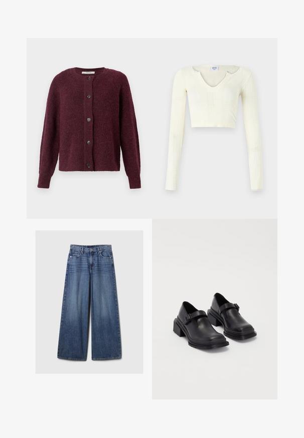 Marmeladinės spalvos megztinis, pagamintas iš tekstūruoto mezginio, su apvaliu kaklu, ilgomis rankovėmis ir penkiomis juodomis saga priekyje.; Balti aukštosios iš off-white mezginio medžiagos. Ilgos rankovės su raukšlėta tekstūra ir mažais išpjovimų detalėmis aplink apykaklę.; Platus mėlynos džinsinės kelnės su išblukusiu paviršiumi, su mygtukų ir užtrauktuko uždarymu, penkiomis kišenėmis ir diržo kilpomis.; Juodos odinės bateliai su apvaliu priekiu, plokščiu padu ir dirželiu su sagtimi. Didelis blokinis kulnas, užtikrinantis papildomą stabilumą.