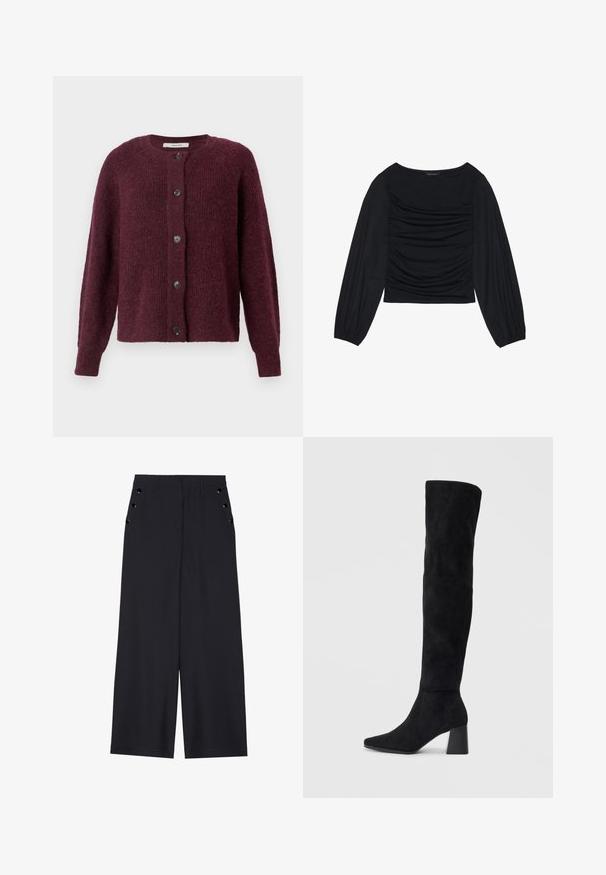 Marmelád színű kardigán texturált kötött anyagból, kerek nyakkal, hosszú ujjakkal és öt fekete gombbal elöl.; Fekete, hosszú ujjú felső, amely elől és a csuklónál ráncolt anyagrészletekkel rendelkezik, puha, rugalmas anyagból készült és csónaknyakú.; Sötét tengerészkék, széles lábú nadrág, sima textúrával, elől redőkkel és díszes, aranyszínű szélekkel a zsebeknél.; Fekete nubuk térd fölé érő csizma, tömbsarokkal, hegyes orral és sima, varrat nélküli dizájnnal, világos háttérrel.