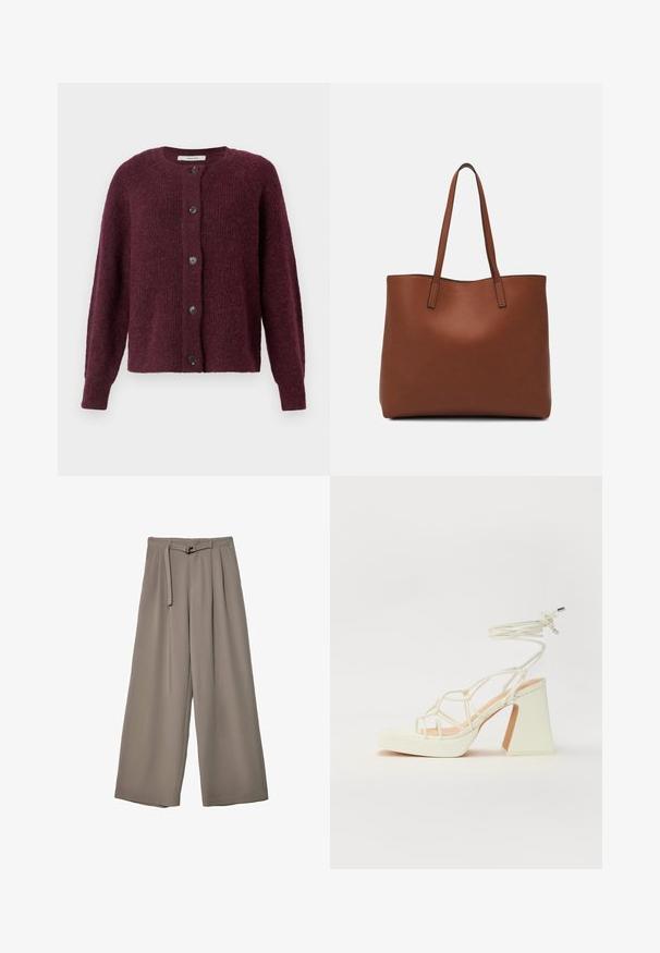 Marmeladenfarbener Cardigan aus strukturiertem Strickstoff, mit Rundhalsausschnitt, langen Ärmeln und fünf schwarzen Knöpfen auf der Vorderseite.; Weißes T-Shirt mit kurzen Ärmeln aus Baumwolle. Hat einen Rundhalsausschnitt und eine lockere Passform. Glatte Textur ohne sichtbare Muster oder Akzente.; Weite Hose aus einem weichen, gedämpften grauen Stoff, mit einem taillierten Bund und Falten für zusätzliche Design-Details. Glatte Textur, keine Muster.; Weiße High-Heel-Sandale mit einem klobigen Absatz, die über ein Riemchendesign und ein Knöchelband verfügt. Glatte Textur mit einer Plattform vorne für zusätzliche Höhe.; Braune Leder-Tote mit glatter Textur, offenem Oberteil und zwei Schulterriemen. Verfügt über minimale Nähte und keine sichtbaren Beschläge.