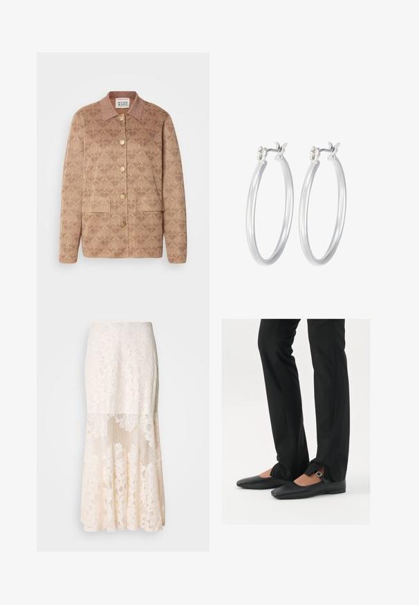 Brun mönstrad jacka med krage, guldknappar och två framfickor. Tillverkad av strukturerad tyg med subtila glansakenter.; Svart linne i mjukt, stretchigt material. Har rund halsringning och breda axelremmar, med en figurnära silhuett och slät yta.; Blommig spets midikjol i krämfärg; har en lagerdesign med genomskinliga sektioner, texturerad spets och en utsvängd nederkant.; Svarta läderballetskor med spetsig tå, rem med silverspänne, kombinerade med svarta skräddarsydda byxor med slitsar i fållen.; Silverfärgade hoopörhängen med en slät, polerad yta. Rund form och säker klickstängning. Lättviktig design som passar för vardagligt bruk.