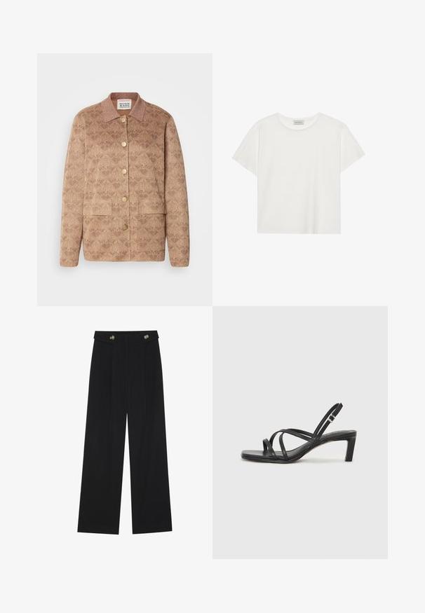 Brun mønstret jakke med krave, guldknapper og to forlommer. Lavet af tekstureret stof med subtile shimmer detaljer.; Hvid kortærmet T-shirt lavet af blødt bomuld. Har en rund halsudskæring og en afslappet pasform. Rent design uden synlige mønstre eller accenter.; Sorte vide bukser med høj talje, knapdetaljer på taljebåndet og frontfald.; Sort remsandale med firkantet tå og en lav blokeret hæl. Har flere tynde stropper og en justerbar ankelrem. Fremstillet af glat læder.
